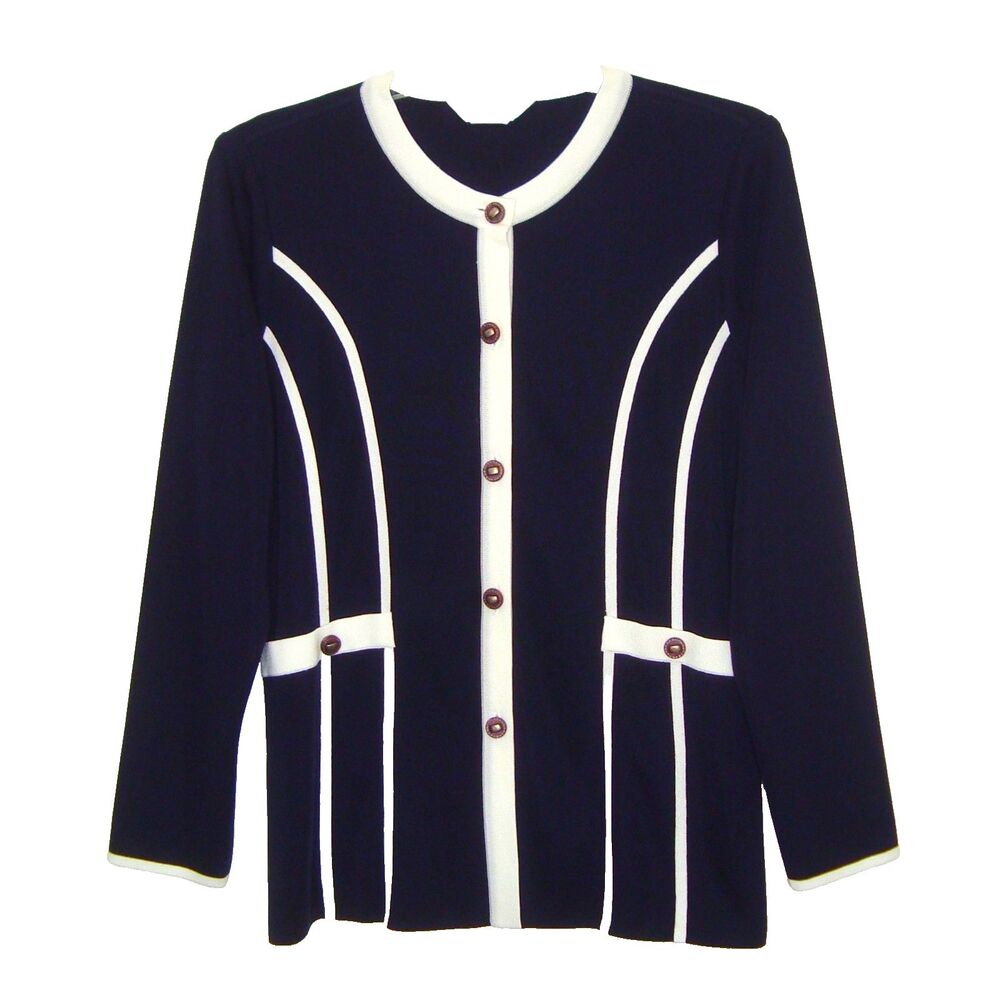 Exclusively MISOOK Cardigan Sweater Size M Navy Blue White Trim